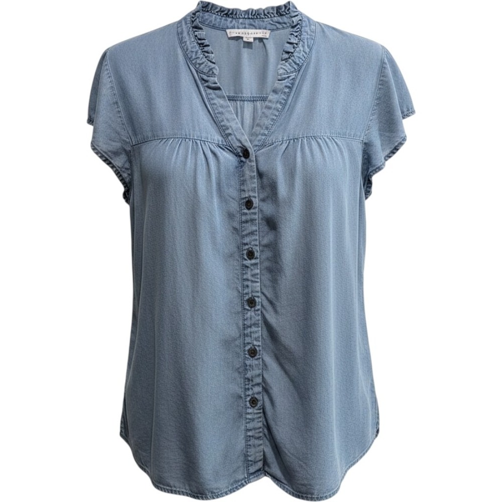 Jane + Delancey Womens S Blue Lyocell Chambray Ruffle Sleeve Button Blouse